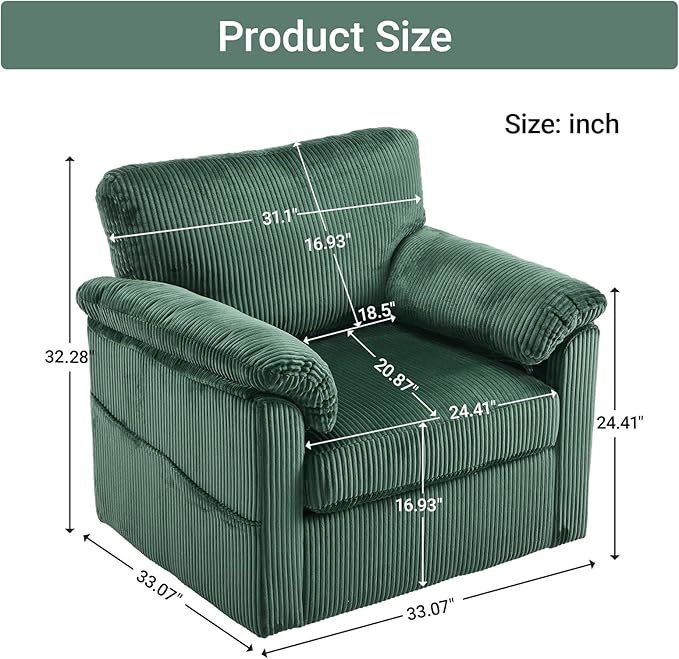 Oversized Swivel Chair 33 Corduroy Swivel Armchair Accent Chair for Living Room Mid Century Modern Comfy Thick Padded Arm Chairs Emerald Green