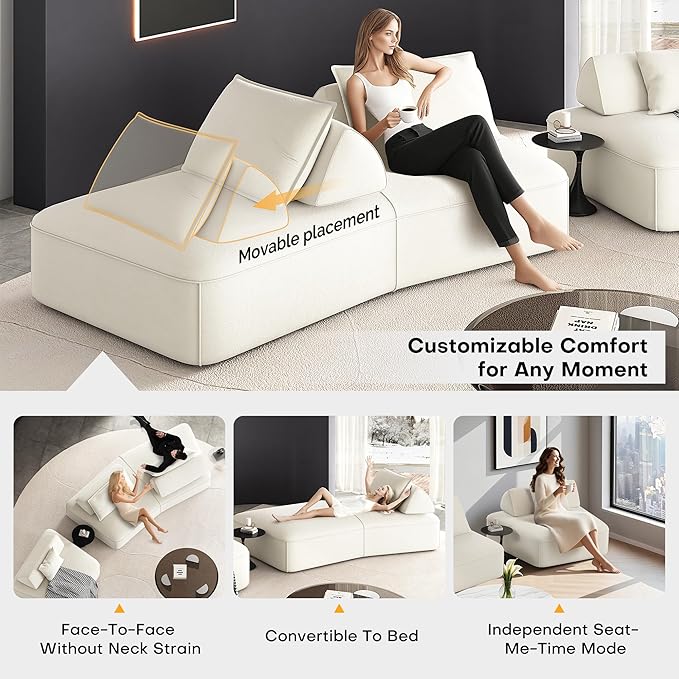 139 Modern Curved Sofa Cloud Sectional Couch with Adjustable Backrest Oversized Deep Seat Compressed Couch for Living Room Apartment No Assembly Required Chenille Fabric (Beige)