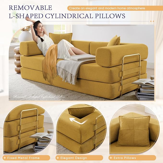 Convertible Folding Sofa Bed Corduroy Sleeper Mattress Couch with Fixed-Shape Frame Free Combination Loveseat Lounge Floor Sofa Queen Size Memory Foam Couch for Living Room Bedroom Yellow