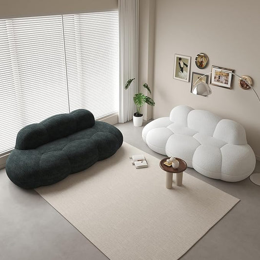 Boneless Small Couch for Bedroom 90 Modern Curved Boucle Couch Comfy Upholstered Cloud LoveSeat Floor Sofa Deep Seat Leisure Bubble Couches for Living Room Small Space (White+Black)
