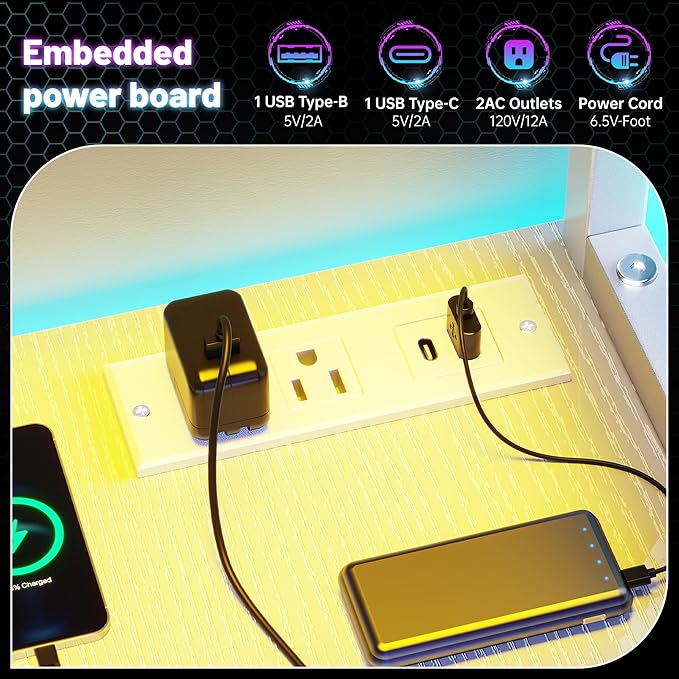 L Shaped Gaming Desk with LED Lights &amp Outlets55 Computer Desk with Shelves &amp Storage HutchReversible Corner Gaming Table with Printer Space &amp Monitor Stand for Game RoomHome OfficeWh