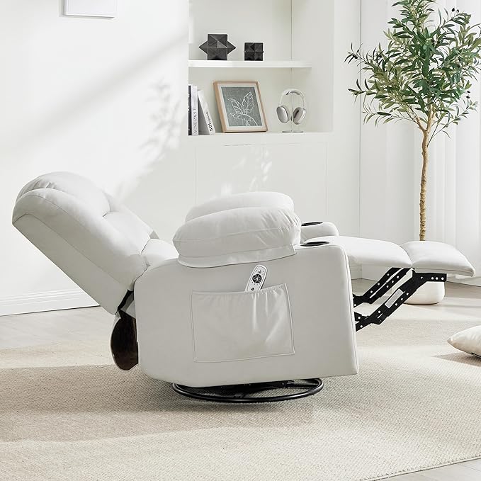 Swivel Rocking Recliner Chair with Massage and HeatOversized Rocker Recliner for Adults Upholstered Fabric Reclining Single Sofa Chair for Living RoomNursery (Beige New)