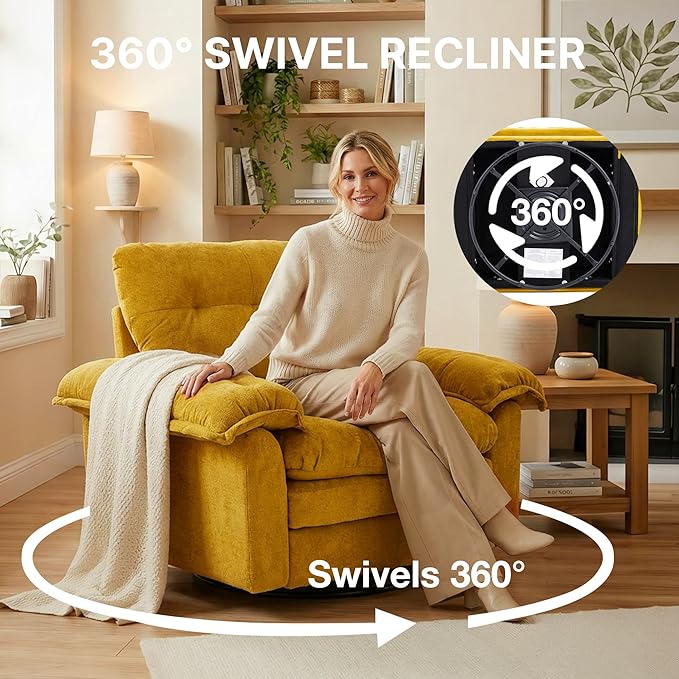 360° Swivel Accent Chair Oversized Plush Modern Chenille Armchair with Padded Seat &amp Back Comfy Spinning Chair for Living Room Bedroom Office (Yellow)