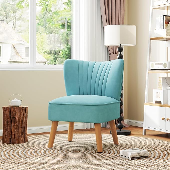 KOMFOTT Velvet Accent Chair Modern Armless Sofa Chair with Solid Rubber Wood Legs Wingback Leisure Chair with Thick Cushion Upholstered Side Chair for Living Room Bedroom Turquoise