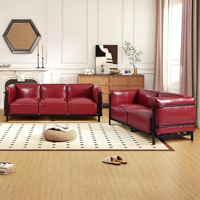 Minimalist Style 3 Seater Sofa Mid-Century Modern Faux Leather Sofa Couch with Fixed-Shape Iron Frame Upholstered Couch Chair for Living Room Office Apartment (Burgundy 3 Seater Sofa)