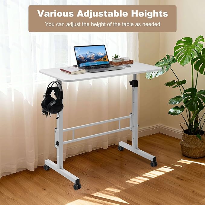 Adjustable Standing Desk with Wheels Portable Rolling Walking Pad Desk Small Laptop Table for Home Office Sit Stand Up Workstation Size 15.7x 31.5 White
