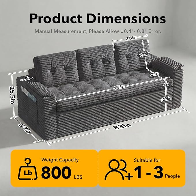 83 Boneless Couch 3 Seater Cloud Corduroy Sofa in a Box with Deep Tufted Cushions Zero Assembly Removable Washable Cover Family-Friendly Living Room Couch Dark Grey