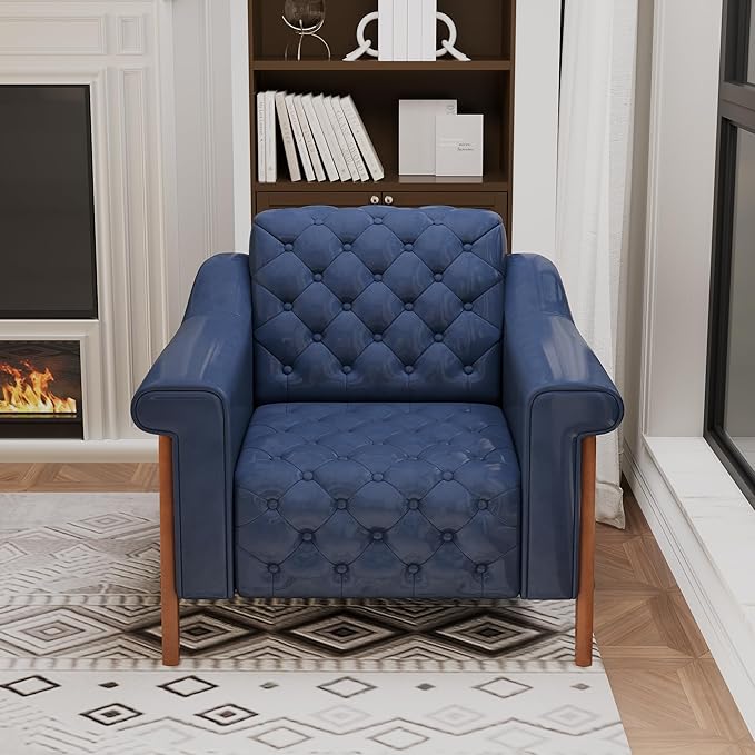 EJUNQ Cozy Accent ChairPU Leather Modern Living Room ChairsMid-Century Office Reading ChairSingle SofaArmchair for Bedroom Apartment Waiting Room(Dark Blue)