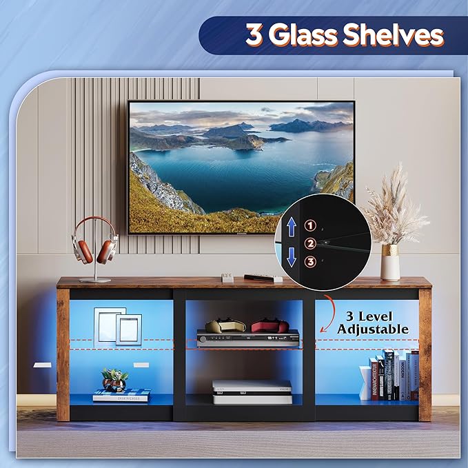 WLIVE Modern LED TV Stand for 65 70 Inch TV 58 Entertainment Center with Adjustable Glass Shelves &amp RGB Lights Wood Media Console Table for Living Room Bedroom Gaming Room Rustic Brown