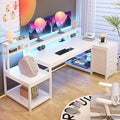 EnHomee 71 L Shaped Gaming Desk with LED LightsWhite Computer Desk with Drawers and Printer ShelfPower OutletReversible Home Office Desks with Storage and Monitor Stand