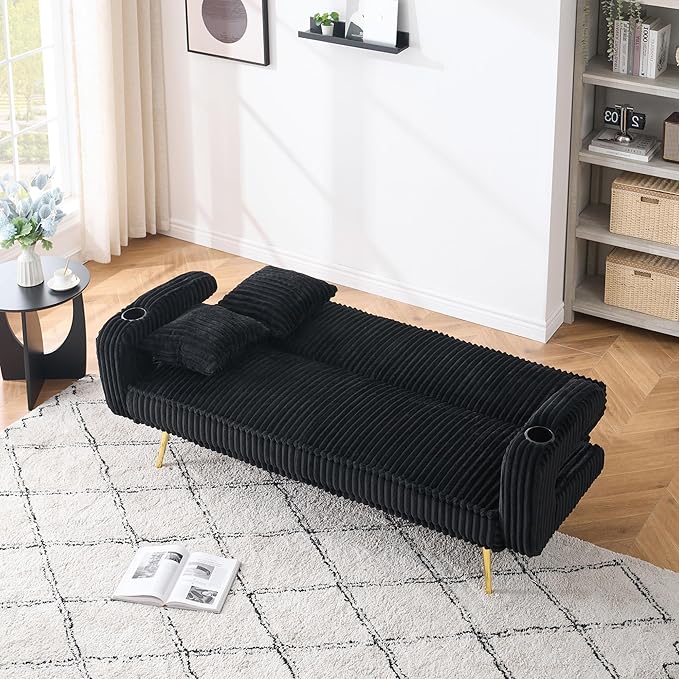 73 Convertible Futon Sofa BedModern Corduroy Sleeper Couch with 3 Reclining BackrestsGolden Chrome LegsComfy Cloud Sofa Loveseat for Small Living Room Bedroom Office (Black)