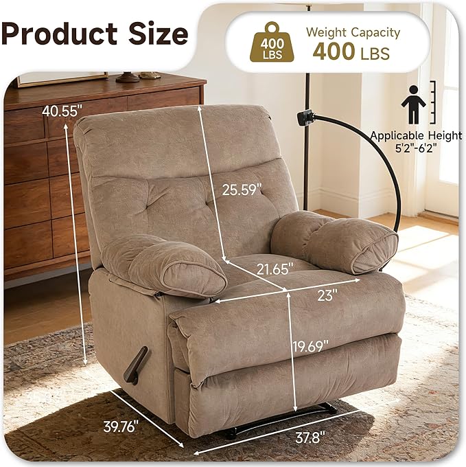 Oversized Recliner Chairs for Adults Manual Large Recliners Big Mans Recliner Chair Extra Wide Single Reclining Sofa Chair for Living Room RV Brown