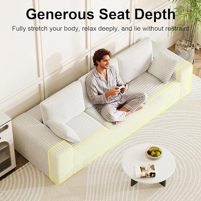 Corduroy Cloud Modular Sectional Couch Boneless Memory Foam Sectional Sofa Comfy L-Shaped Compression Couches with Chaise for Living Room No Assembly Required(Beige 3-Seater)