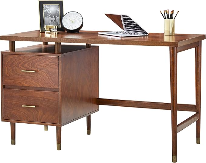 Margo 50 Wide Mid-Century Modern Wood Desk with Drawers Stylish Elevated Top Design Solid Pine Wood Tapered Legs Computer Desk for Home Office &amp Study Walnut
