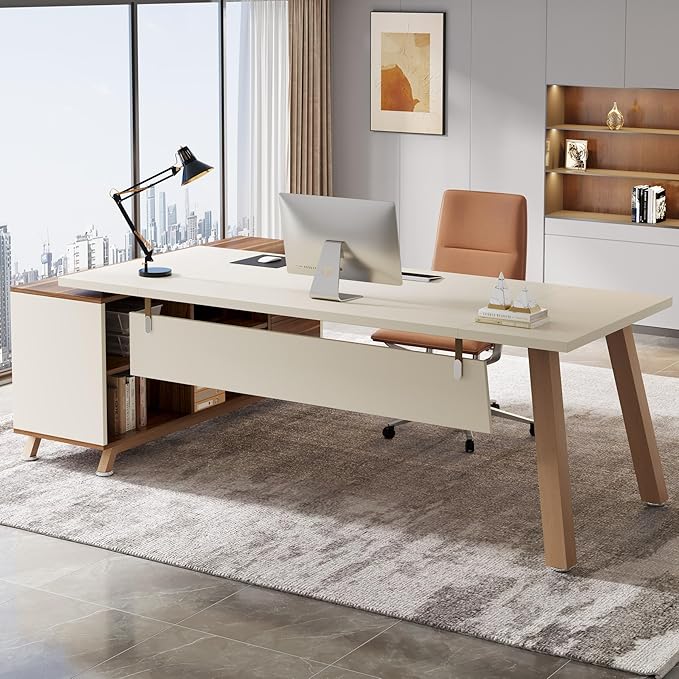 Tribesigns 78.7-Inch Executive Desk L-Shaped Desk with 55-Inch Cabinet Large Office Desk with Storage Shelves Modern Computer Desk for Home Office White &amp Walnut