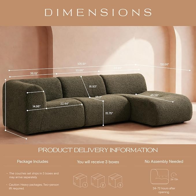 Curved Sectional Modular Couch with Chaise Modern 105.91'' Boneless Sofa with Deep Seat Sherpa Boucle Cloud Couch for Living Room Cozy Teddy L-Shaped Couches No Assembly Green