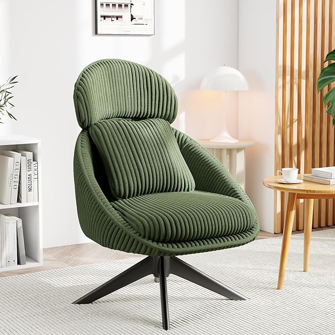 Furniliving Upholstered Swivel Accent Chair for Living Room Modern Armchair Side Chair with Headrest Bedroom Chair with Metal Legs Comfy Sofa Chairs with Pillow Large Corduroy Green