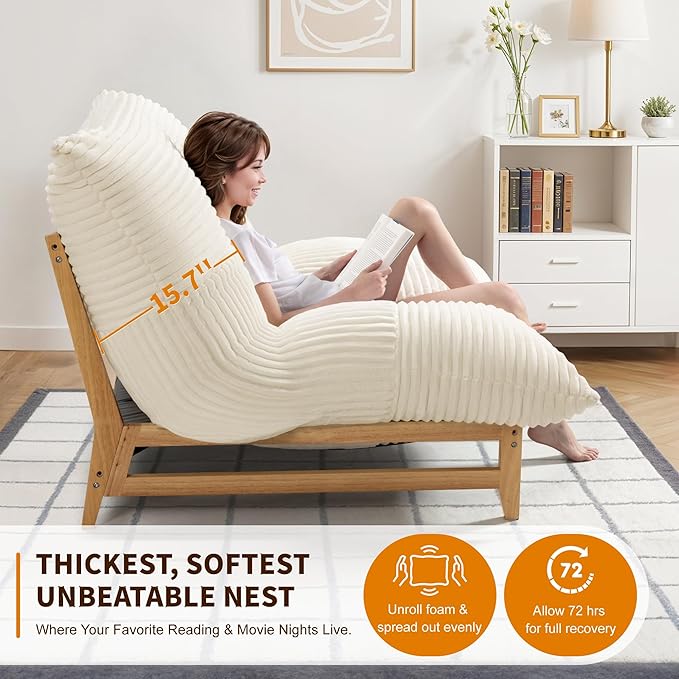 Oversized Comfy Cloud-Like Accent Chair Extra-deep Seat Bean Bag Chairs Convertible Stuffed Bean Bag Cushion with Removable Washable Cover Beige