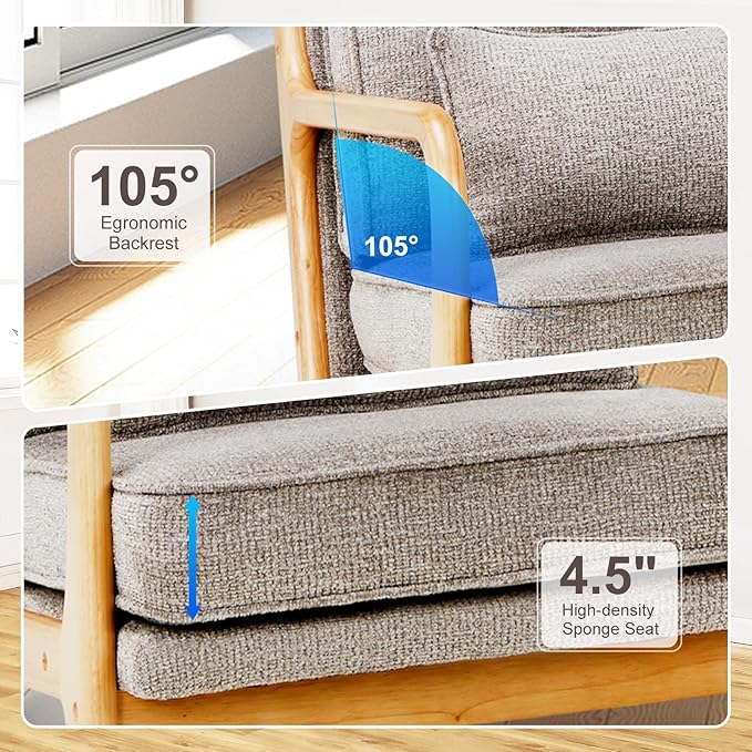 Mid-Century Accent Chair with Solid Wood Frame Reading Relaxing Armchair Lumbar Pillow&ampSoft Cushion Leisure Chair for Living Room Bedroom Waiting Room-Grey