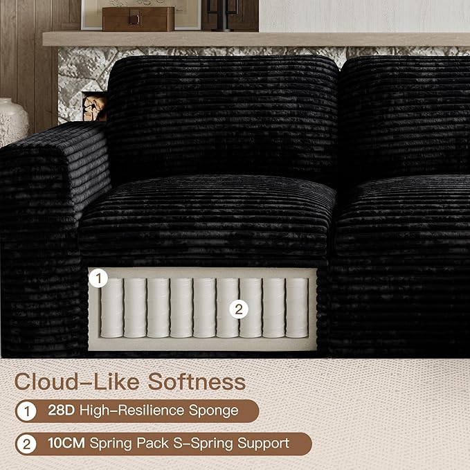 Boneless Loveseat Sofa Plush Corduroy Sectional Couch with Deep Seat Modular Cloud Sectional Couches for Living Room.Black Sofa.