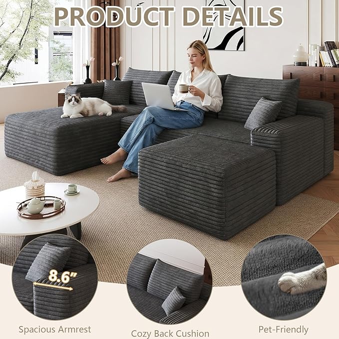 95 Cloud Sectional Couch with U-Shaped Chaise Corduroy Sectional Sofa with Ottoman Boneless Couch with Deep Seat for Living Room No Assembly Required (Dark Grey Left Facing Chaise)