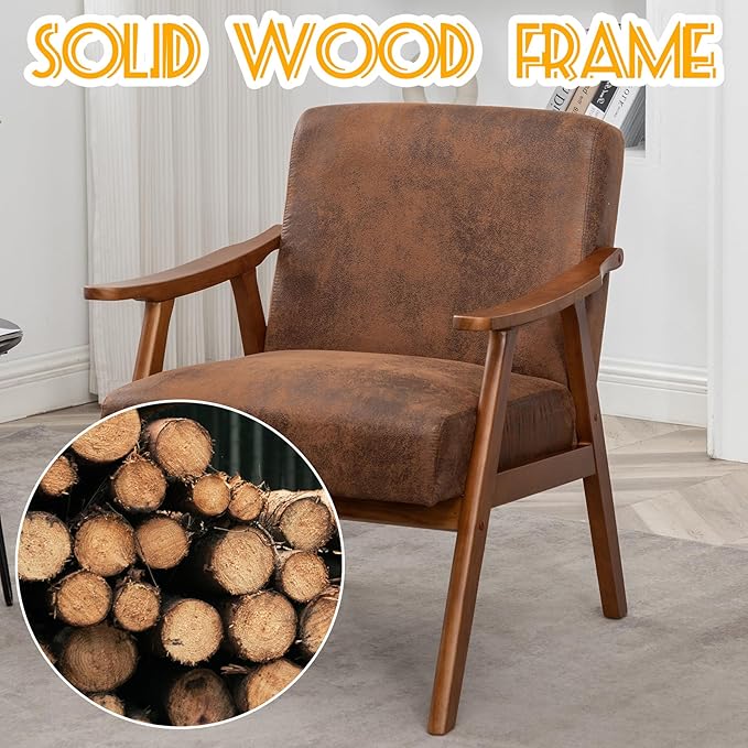 Mid Century Modern Accent Chair Upholstered Armchair Comfy with Wood Legs Siting Chair with Soft Cushion PU Leather Side Chairs for Living Room Bedroom Office (Microfiber Brown)
