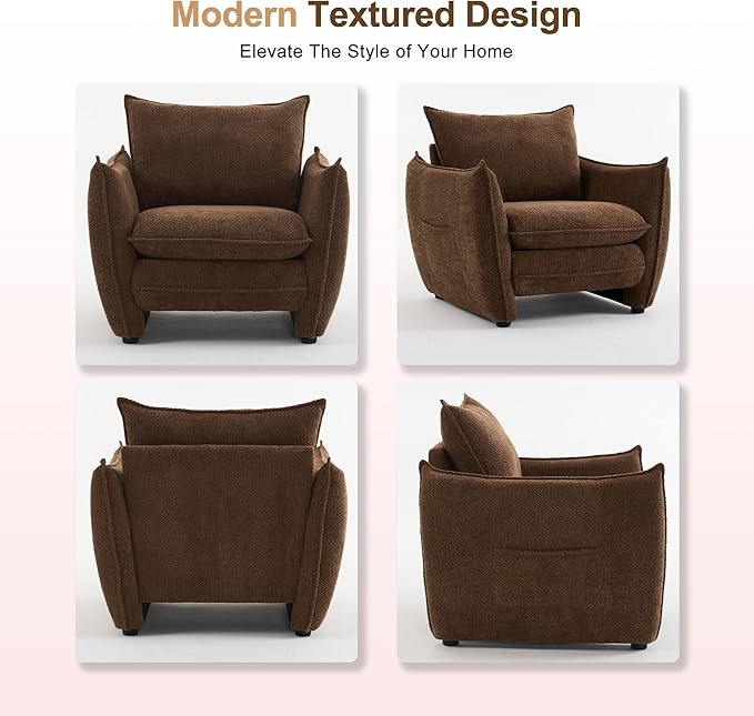 Oversized Accent Chair Modern Single Sofa Cloud Chair with Removable Pillow Deep Seat Comfy Armchair for Living Room Bedroom Reading Nook - Upholstered Lounge Chair (Brown)