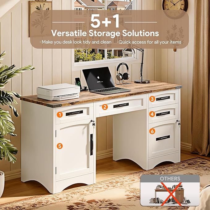 Farmhouse Executive Desk with Drawers 55 Home Office Desks with Fast Charging Station Lockable File Cabinet Wood Writing Computer Desk for Work Study White