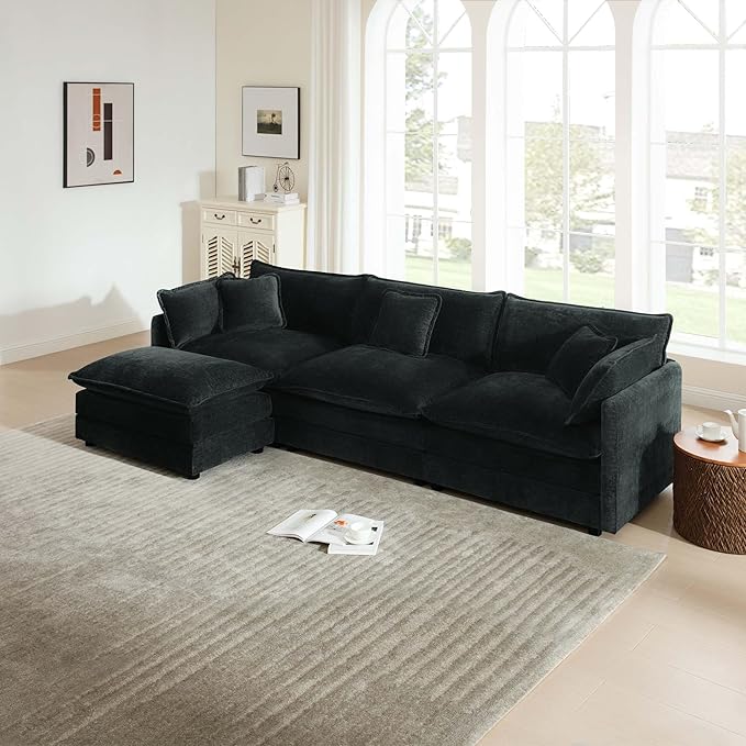 Spacious Modular Sectional Sofa with Movable Ottoman - Oversized 3-Seater Deep Seat Couch for Living Room Apartment - Flexible L-Shape Configuration for Family Gathering or Guest Bed (111.5 inch-L)