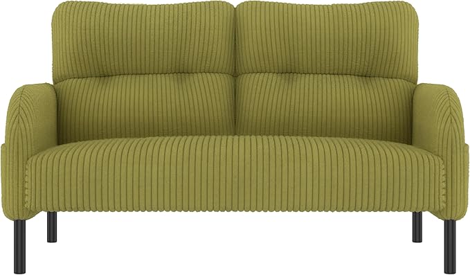 Modern Living Room Loveseat Sofa Two-Seater Settee Upholstered Corduroy Fabric Armchair Love Seat Sofa Chair with Side Pocket and Wood Legs for Bedroom/Office/Reading Spaces (Olive Green)
