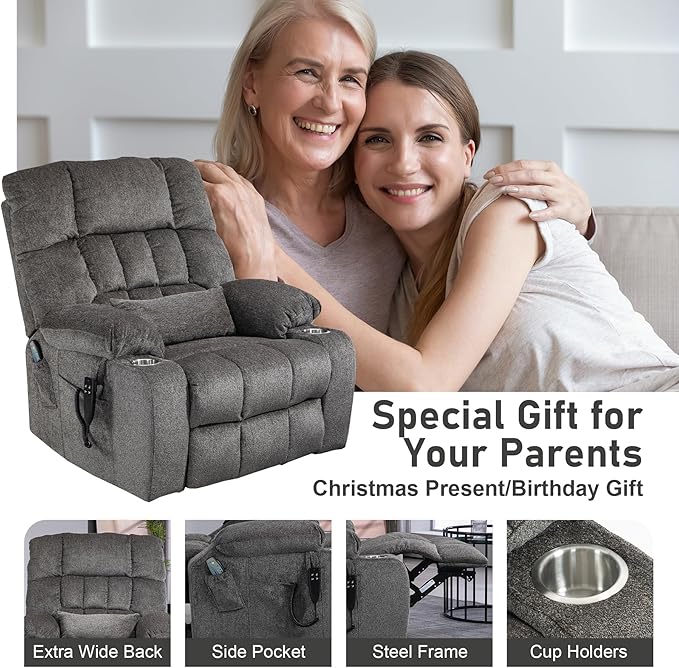 Oversized Power Recliner Chair for Big and Tall 400 LBS 25.5 Extra Wide Electric Lift Chair with Heat and Massage Dual Motor 180° Lay Flat Recliner Living Room Sofa Chenille Big Lift Chair