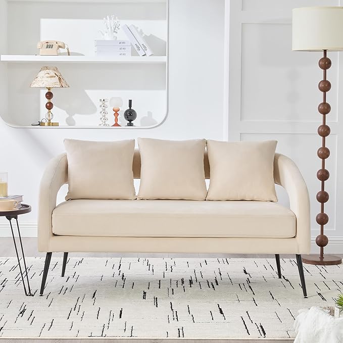 53.7 Modern Velvet Loveseat Sofa with 3 PillowSmall Comfortable 2 Seat Sofa with Metal Legs Small Couch for Living RoomBedroomOfficeReceptionBeige