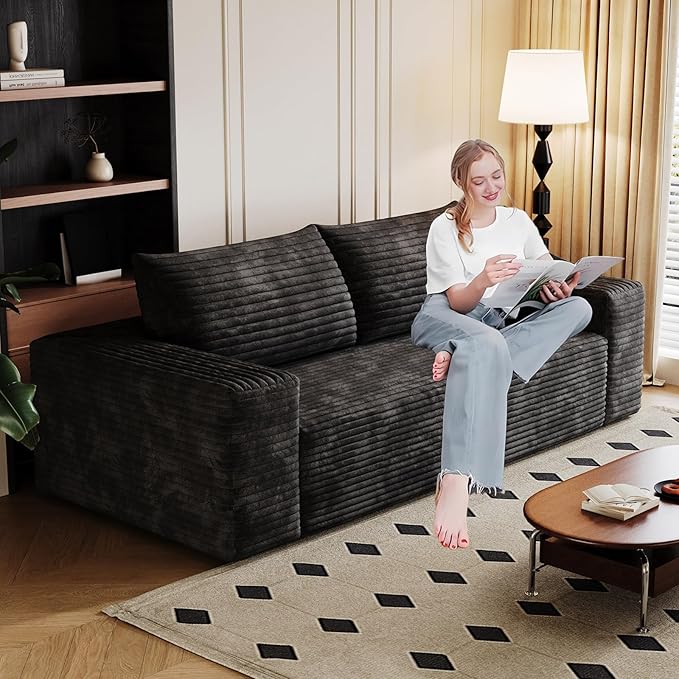 63 Sofa in a Box Compressed Boneless Couch with Wide Armrests &amp 2 Cushions Cloud loveseat Sofa for Living Room Memory Foam Deep Seat Corduroy Fabric No Assembly (Black 2)