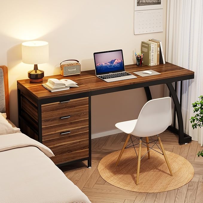 Tribesigns 59 Inch Computer Desk with 3 Drawers Industrial PC Desk Study Writing Table Workstation with File Storage Home Office Desks with Large Desktop and Metal Frame (Walnut)