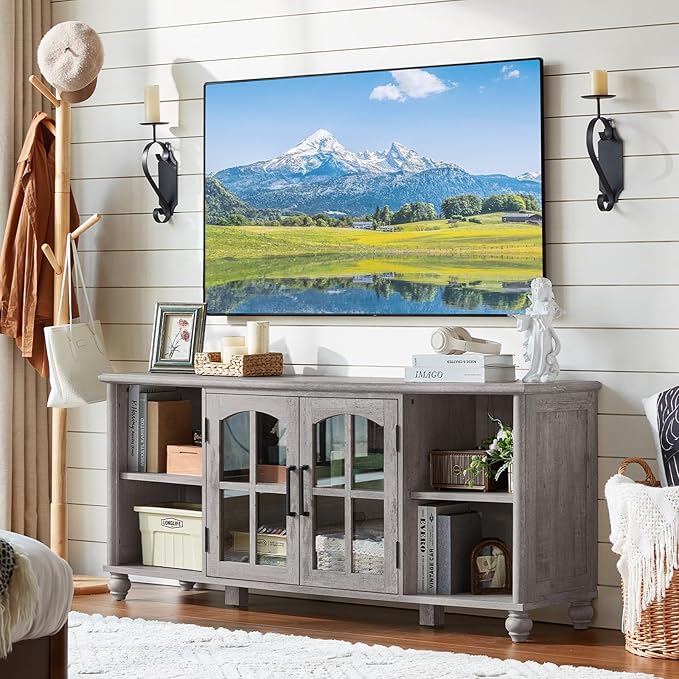 Farmhouse TV Stand for 60 Inch TV Wood Entertainment Center with Adjustable Shelves &amp Glass Door Storage CabinetTelevision Stands for 65 TVSTV Console Table for Living RoomBedroomGrey