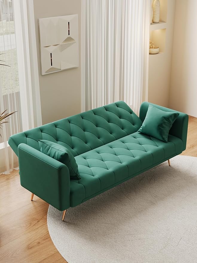 71 Convertible Velvet Futon Sofa Bed Loveseat with Multiple Adjustable BackrestsModern Sleeper Couch with Golden Metal Legs for Living RoomApartmentOfficeGreen