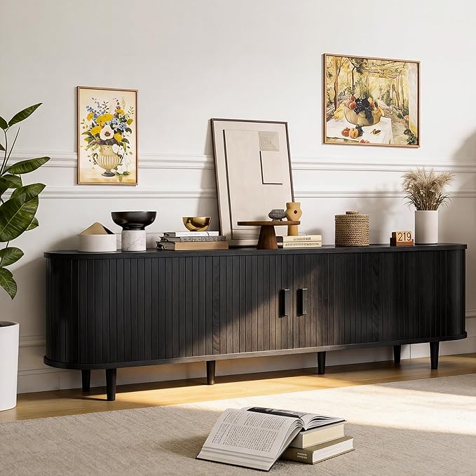 70 Mid Century Modern TV Stand Wood TV Consoles with Sliding Doors and Power Outlet Fluted Entertainment Center with Adjustable Shelves Media Console for Living Room Black