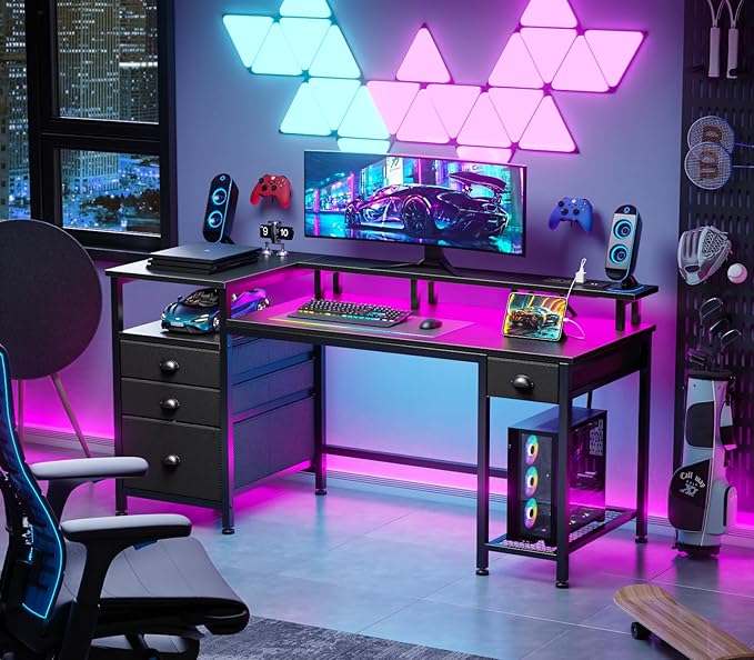 Furologee 60 Black Computer Desk with 4 Drawers and Printer Space Gaming Desk with LED Lights and USB Power Outlets Home Office Desk with Fabric File CabinetStudy Work Table with Shelf for Bedroom