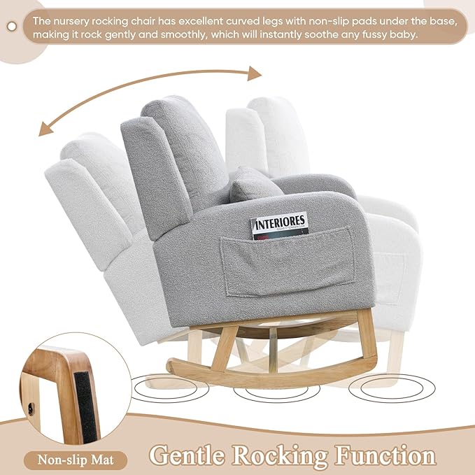 Rocking Glider Chair for Nursery Wingback Accent Rocker Chair Upholstered Tall Back Arm Chair w/Side Pockets Modern Leisure Single Sofa for Living Room Hotel Bedroom Baby Room Grey
