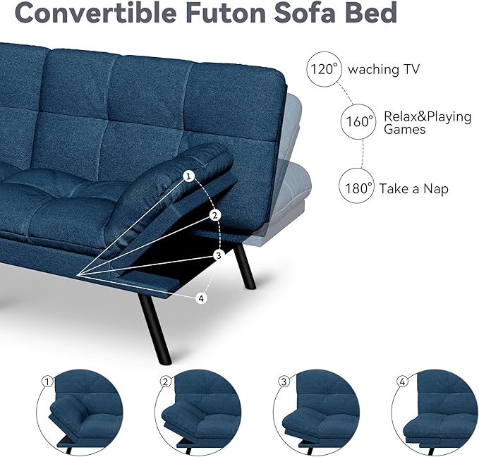 Vyfipt Convertible Futon Sofa Bed 71 Memory Foam Futon Couch with DetachableAdjustable BackrestLinen Fabric Folding Small Loveseat Sleeper for for Living RoomRVOfficeApartmentPure Blue