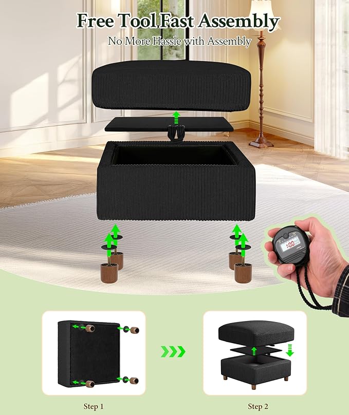 25.2 Couches for Living Room Comfy Black Ottoman with Storage Foot Rest Tool-Free Setup Small Ottoman Foot Rest for Couch Corduroy Couch for Bedroom Apartment Office