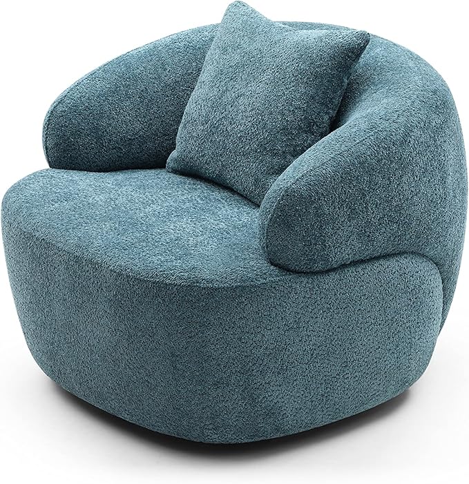 KEIKI 35 Round Oversized Boucle Single Sofa Chair with Ergonomic Design Upholstered Modern Style 1-Seater Corner Swivel Barrel Chair Easy Assembly for Office Apartment Living Room Blue