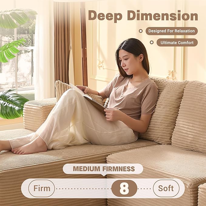 138 Boneless Couch with Deep Seat Set of Modular Sectional Sofa Cloud Sectional Couch for Living Room No Assembly Required Corduroy U-Shape 4 Seater Left Camel