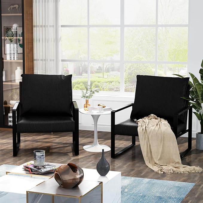 AWQM Modern PU Leather Accent Chair Arm Chair with Extra-Thick Padded Backrest and Seat Cushion Sofa Chairs for Living Room Bedroom 105 Degree Slant Back Non-Slip Adsorption Feet-Black（Set of 1）