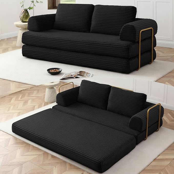 80 Convertible Sofa Bed Modern Corduroy Sleeper Sofa Folding Floor Couch with Golden Fixed-Shape Frame Black Boneless Loveseat Sofas Bed for Living Room Bedroom No Assembly Needed