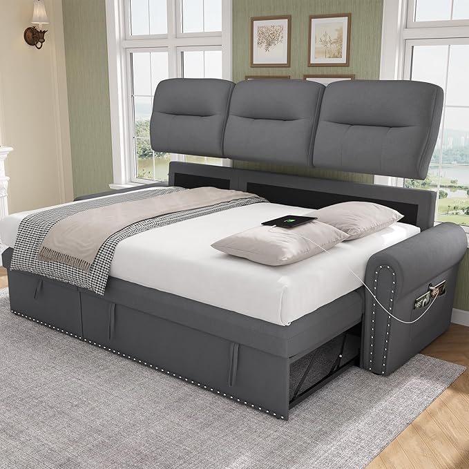 Sleeper Sofa Bed 87'' Sectional Couch with Reversible Storage Chaise &amp Nailhead Armrest Pull Out Couches for Living Room Side Pocket &amp Charging Station Removable Backrest Velvet Fabric D