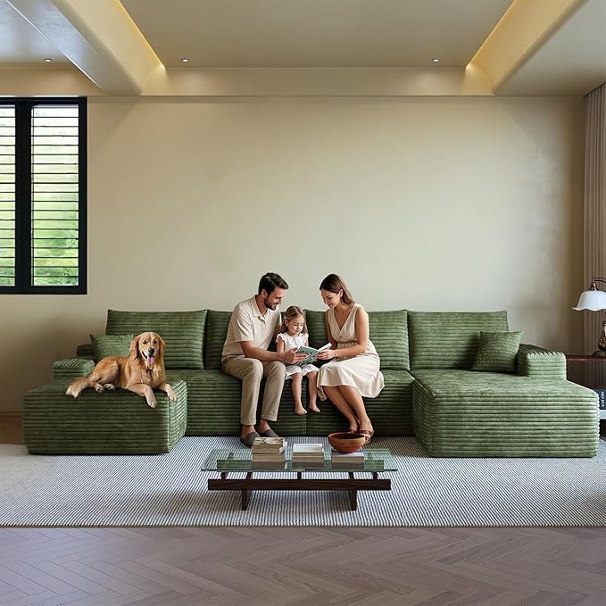 135.4 U Shaped Sectional Corduroy Boneless Couch with 1 Ottoman Modern Modular Couches for Living Room Apartments Upholstered Cloud Sofa with Deep Seat No Assembly Required (Green)