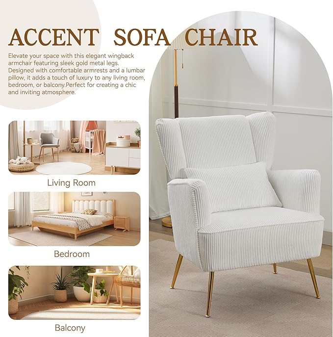 Living Room Chairs Corduroy Accent Armchair with Lumbar Pillow &amp Gold Leg 8.5 Thick Cushion Mid Century Modern High Wingback Bedroom Chairs Upholstered Comfy Sofa Arm Chair White