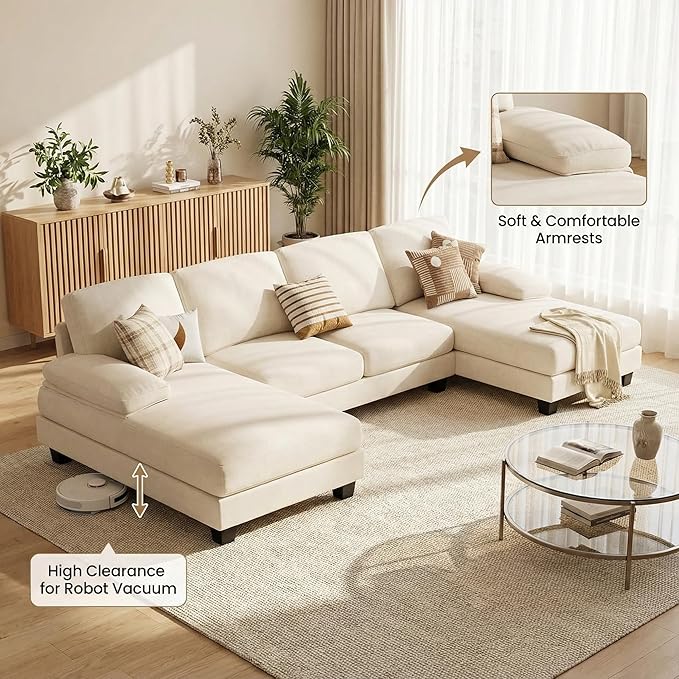 Homall Modular Sectional U Shaped Sofa Couches for Living Room Comfy Chenille 4 Seat Sofa Set with Removable Pillows Lounge Chaise Upholstered Couch for for Apartment (Chenille White)
