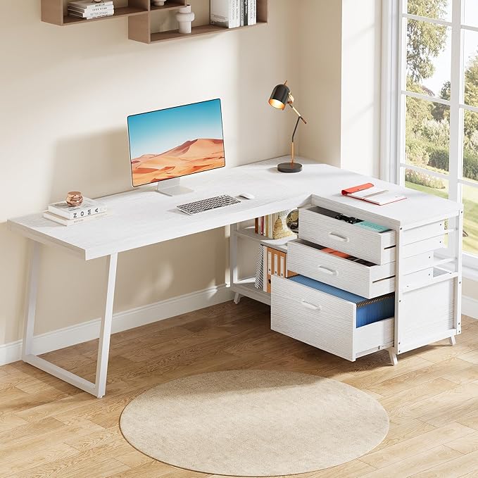 Tribesigns 53 L Shaped Office Desk Reversible Corner Computer Desk with 3 File Drawers and 2 Storage Shelves for Home Office Study Gaming Room (White)